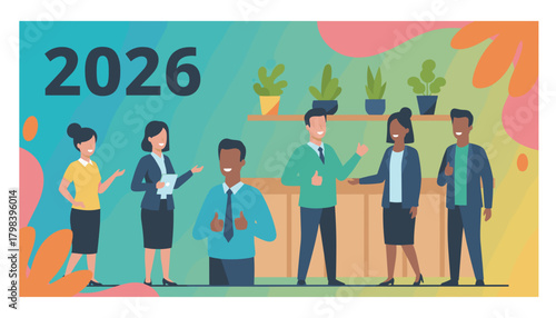 Diverse business team celebrating success for the new year 2026 in a colorful office setting