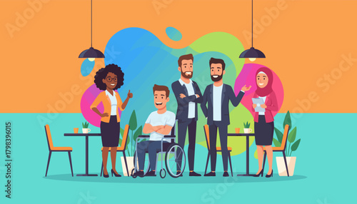 Diverse professional team including a man in a wheelchair showing inclusion and success