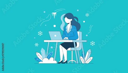 Businesswoman working on laptop surrounded by stylized ice and snow crystals Winter efficiency concept
