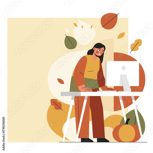 Stressed woman works on computer during autumn Seasonal burnout and business pressure concept