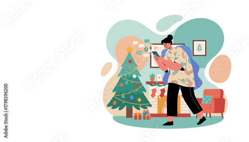 Woman distracted by smartphone notifications during Christmas holidays in a cozy decorated living room