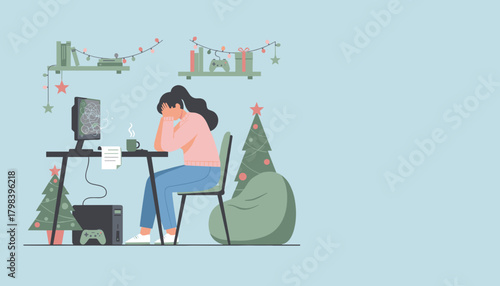 Burnout during holidays Stressed woman with head in hands facing a tangled mess on computer screen