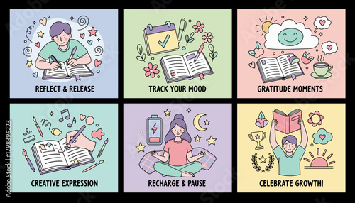 Selfcare and wellness routine illustrations journaling tracking meditation and creative expression