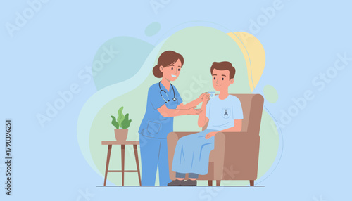 Nurse cares for male patient with purple ribbon illustrating medical support and awareness