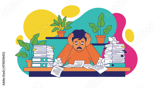 Stressed worker overwhelmed by huge stacks of office paperwork and deadlines