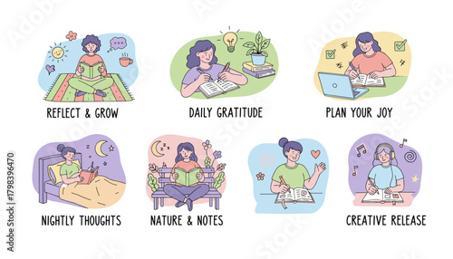 Wellness and selfcare routine icons woman writing gratitude planning and reflection in journals