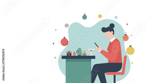 Woman uses smartphone during a festive holiday event surrounded by gifts and Christmas ornaments