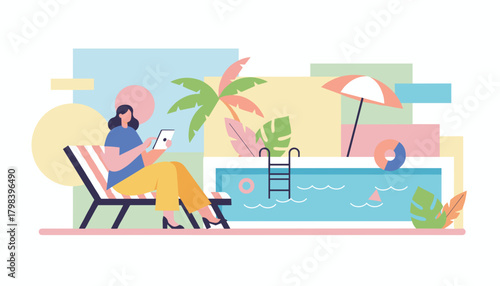 Digital nomad relaxing by the pool with a tablet flat illustration