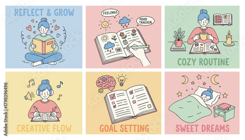 Cute doodle set of selfcare activities mental wellness goal setting journaling and daily routines