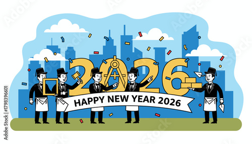 Happy New Year 2026 Builders and masons celebrating planning success and foundational growth