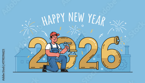 Worker repairs New Year 2026 numbers Celebration of labor service and new beginnings
