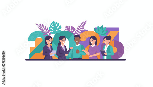 Diverse business team celebrating success and planning for the year 2023 Vector illustration