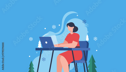 Woman works on laptop in a winter setting Remote professional holiday freelance illustration