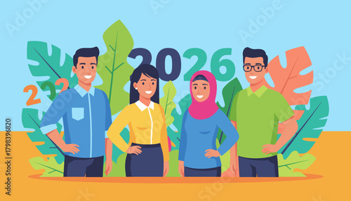 Diverse team standing before 2026 numerals and tropical leaves Business goals and future success