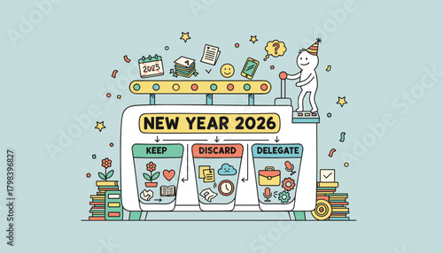 Conceptual illustration of New Year 2026 goal sorting Keep Discard Delegate Productivity planning