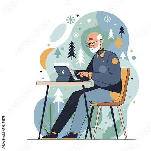 Elderly man uses a digital tablet for work or leisure with a cozy winter nature background