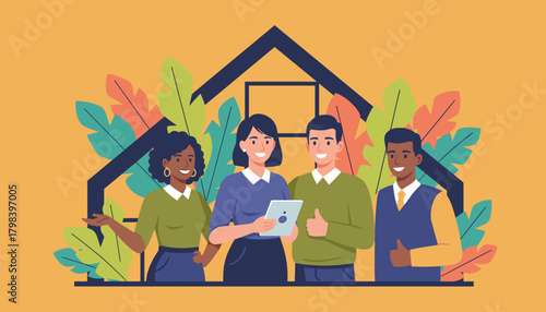Happy diverse team of realtors standing near a house frame using a tablet Home concept