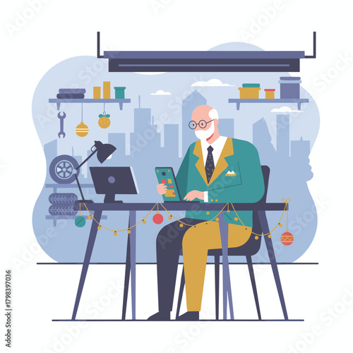 Senior businessman works on tech in a festive home office setup