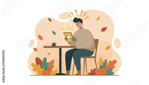 Frustrated man reading shocking news on tablet in an autumn setting indicating stress or digital error