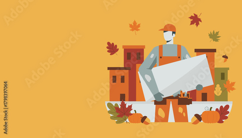 Fall delivery worker holding a package in a city decorated with pumpkins and autumn leaves