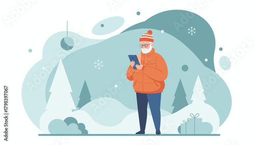 Happy senior man uses a digital tablet in a festive winter landscape with snow and Christmas gifts