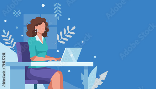 Professional woman using laptop at desk Remote work winter seasonal business illustration