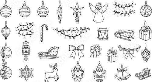 Hand-drawn Christmas Doodles Set: Ornaments, Santa, Sleighs, Lights, Gifts, Angel, Nutcracker, Reindeer, Snowflake, Bows, Drum, Candy Cane, Pinecone. Black and white holiday illustrations.
