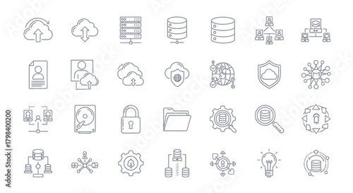 A collection of gray outline icons representing cloud computing and data-related concepts on a white background