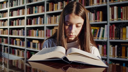 Young Girl Deeply Engrossed in Reading at a Library
