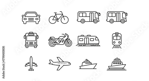 Collection of stylized line art icons representing various modes of transportation cars, bikes, buses, motorcycles, trains, planes, and ships