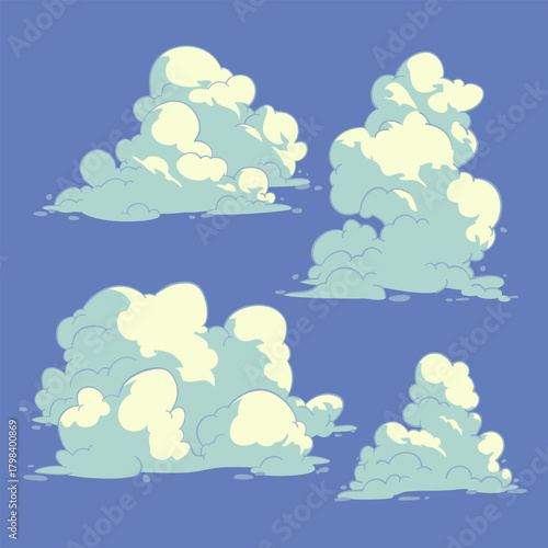 Stylized cloud set on blue sky cartoonish cumulus formations
