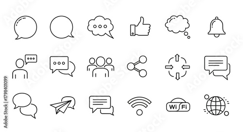 A collection of communication and social media icons including speech bubbles, notifications, and connectivity symbols