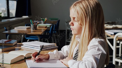Focused Young Student Writing in Classroom with Natural Light