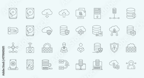 A collection of technology icons including cloud storage, servers, hard drives, security shields, and network diagrams