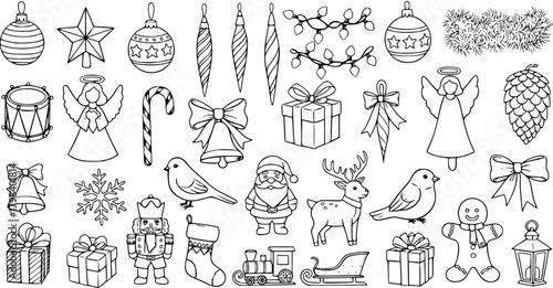 Detailed set of Christmas and New Year holiday elements in doodle outline style, featuring festive ornaments, Santa, reindeer, gifts, angels, and more for coloring or design projects.