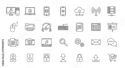 A collection of simple, line-art icons representing technology and digital processes