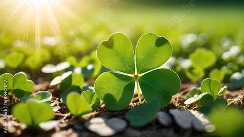 A four-leaf clover bathed in sunlight, symbolizing unexpected fortune and serendipitous events; a concept of divine intervention and blessed fate , spring, divine, meadow