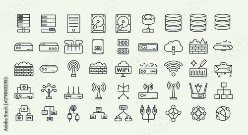 A collection of icons representing networking equipment and data storage devices