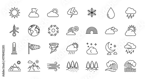 Collection of weather icons; sun, clouds, rain, snow, wind, storm, hurricane, thermometer, mountains, forests, waves