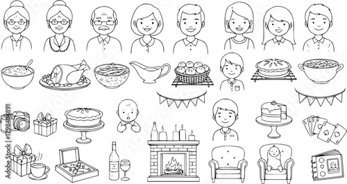 Family Celebration Line Art Set: Generations of People, Festive Food, Gifts, and Home Elements for Christmas  Thanksgiving Holidays - Outline Icons Collection