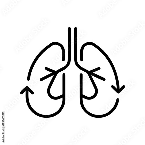 A stylized illustration of the human respiratory system, showcasing the lungs with arrows indicating the flow of air