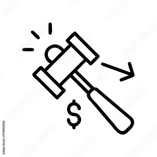 An auction hammer icon representing price action and financial transaction. The dollar sign underscores the financial nature of the image.
