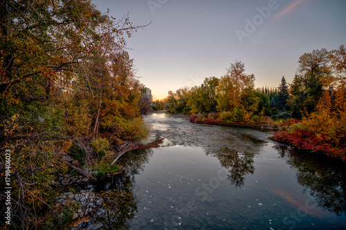 Calgary, Alberta - October 10, 2025: Fall colours along the river pathways and streets of Rideau and Elbow Park neighborhoods in Calgary, Alberta
