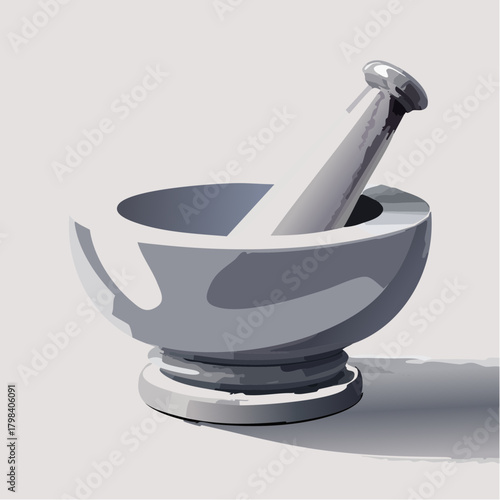 A gray mortar and pestle with a metallic knob rests on a white surface casting a soft shadow with a bright light source from the upper left corner in a minimalist studio setting