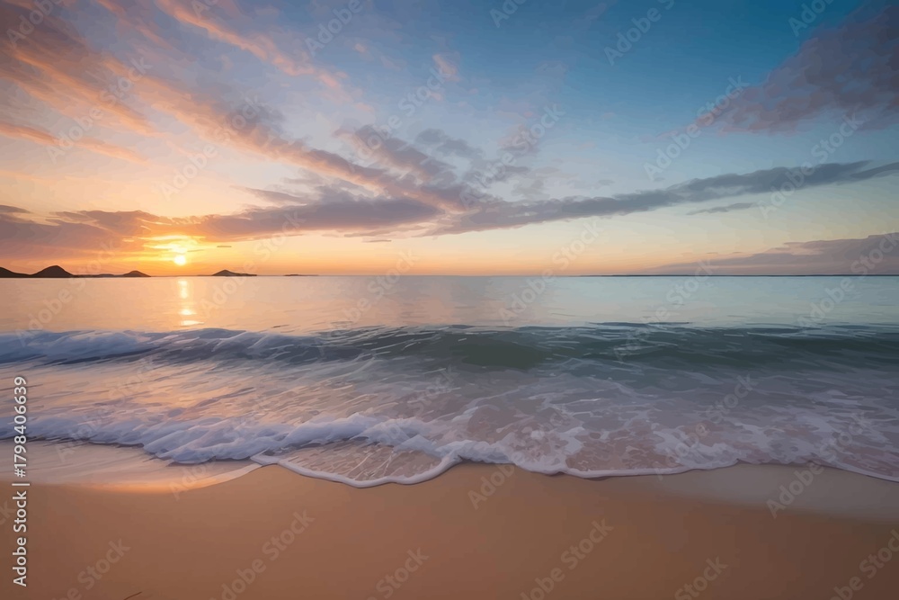 Obraz premium Tranquil Beach Sunset with Gentle Waves and Colorful Sky, Peaceful Ocean Horizon