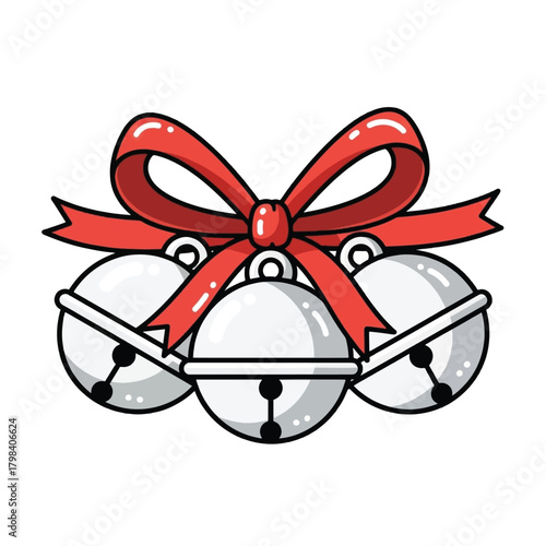 A festive illustration of three silver jingle bells adorned with a bright red bow, perfect for holiday themes.
