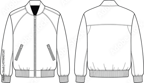 Bomber jacket front and back view, central zipper, ribbed cuffs, zip pockets, yoke detail, fashion sketch, garment template, apparel design, technical illustration