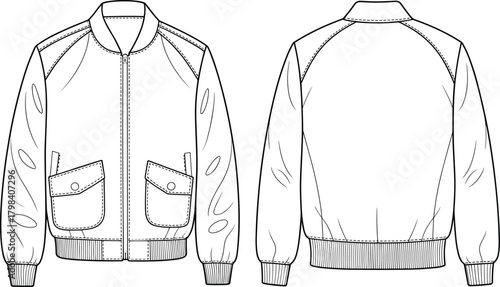 Bomber jacket front and back view, zip closure, flap pockets, raglan sleeves, ribbed cuffs, fashion sketch, garment template, apparel design, technical illustration