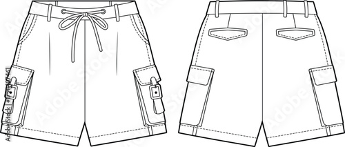 Cargo shorts front and back view, drawstring waist, flap pockets, belt loops, fashion sketch, garment template, apparel design, technical illustration, clothing layout