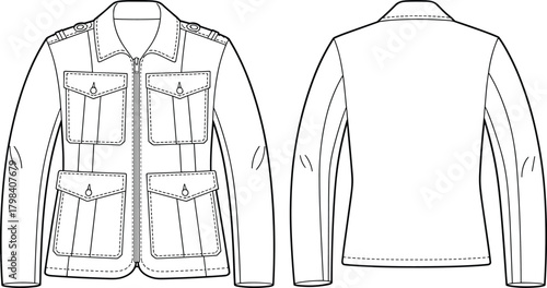 Front and back view of technical jacket sketch, collared neckline, flap pockets, shoulder epaulets, zip closure, fashion illustration, garment template, apparel design